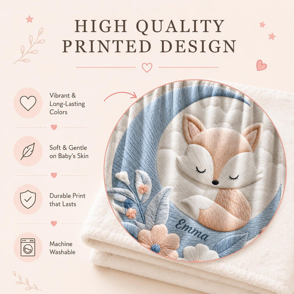 This personalized baby blanket features a dreamy sleeping fox nestled in a blue crescent moon, surrounded by soft florals and delicate leaves — printed in a beautiful embroidery-print style design made just for your little one.
