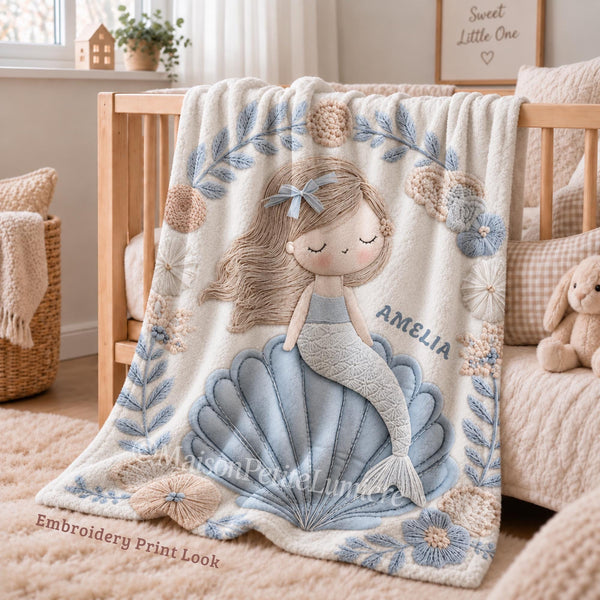 Soft embroidered-look mermaid baby blanket with a calm mermaid seashell design and pastel florals. Neutral tones, cozy fabric — a boutique newborn gift for serene, modern nursery decor.