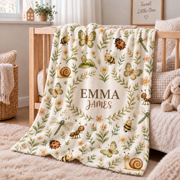 Personalized baby blanket featuring adorable garden insects including bees, butterflies, ladybugs, dragonflies, snails and ants. Customized with your baby’s name, this nature-inspired nursery blanket is a sweet newborn keepsake and baby shower gift.