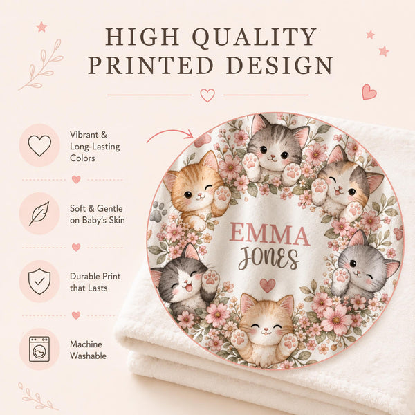 Personalized kitten baby blanket featuring adorable watercolor cats, paw prints, delicate flowers, hearts, and charming pastel artwork. Customized with your baby’s name, this cat-themed blanket makes a beautiful nursery keepsake, baby shower gift, newborn present, or milestone photo prop. Perfect for creating a sweet nursery inspired by playful kittens, floral details, and timeless storybook charm.