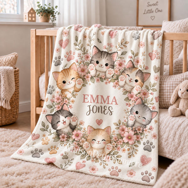 Personalized kitten baby blanket featuring adorable watercolor cats, paw prints, delicate flowers, hearts, and charming pastel artwork. Customized with your baby’s name, this cat-themed blanket makes a beautiful nursery keepsake, baby shower gift, newborn present, or milestone photo prop. Perfect for creating a sweet nursery inspired by playful kittens, floral details, and timeless storybook charm.