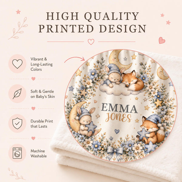 Personalized bunny and fox baby blanket featuring adorable watercolor woodland animals, crescent moons, stars, clouds, and delicate floral details. Customized with your baby’s name, this woodland-themed blanket makes a beautiful nursery keepsake, baby shower gift, newborn present, or milestone photo prop. Perfect for creating a dreamy moonlit nursery inspired by sleepy bunnies, cuddly foxes, and timeless storybook charm.