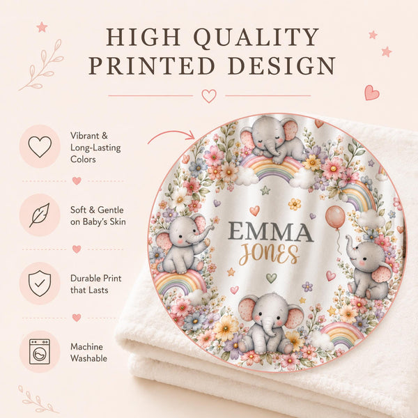 Personalized elephant baby blanket featuring adorable watercolor elephants, pastel rainbows, fluffy clouds, delicate flowers, and soft whimsical artwork. Customized with your baby’s name, this rainbow-themed blanket makes a beautiful nursery keepsake, baby shower gift, newborn present, or milestone photo prop. Perfect for creating a dreamy nursery inspired by gentle elephants, colorful rainbows, sweet florals, and timeless storybook charm.