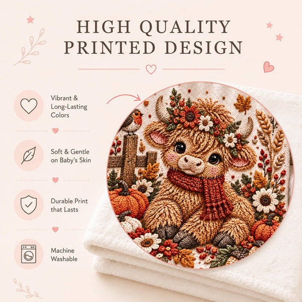 Close view of the highland cow baby blanket showing the embroidery-look print texture, wheat, berries and a small robin on a fence post
