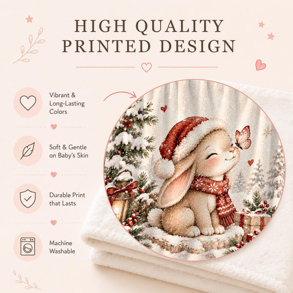 Personalized Christmas bunny baby blanket featuring a watercolor bunny in a Santa hat and knitted scarf, a pink butterfly, snowy pine trees, a glowing lantern and wrapped gifts. Customized with your baby's name, this bunny blanket makes a beautiful first Christmas keepsake, holiday baby shower gift, newborn present, or winter milestone photo prop.