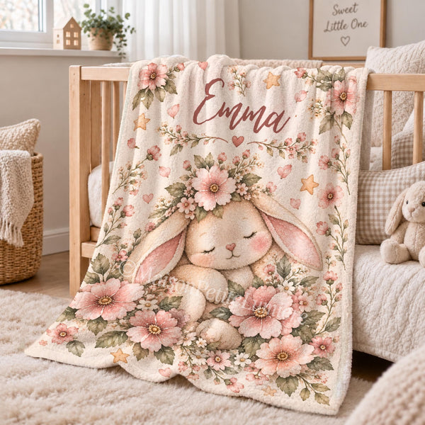 Personalized floral bunny baby blanket featuring a sleeping watercolor bunny in a flower crown, surrounded by blush pink blossoms, white daisies, soft green leaves and little hearts. Customized with your baby's name, this bunny blanket makes a beautiful nursery keepsake, baby shower gift, newborn present, Easter gift, or milestone photo prop.