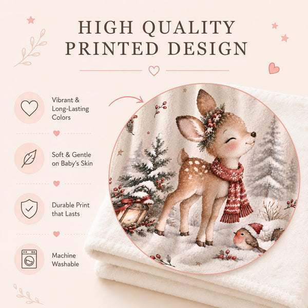 Personalized Christmas deer baby blanket featuring a watercolor fawn in a red knitted scarf, a berry crown, a little robin in a Santa hat, a glowing lantern and snowy pine trees. Customized with your baby's name, this deer blanket makes a beautiful first Christmas keepsake, holiday baby shower gift, newborn present, or winter milestone photo prop.