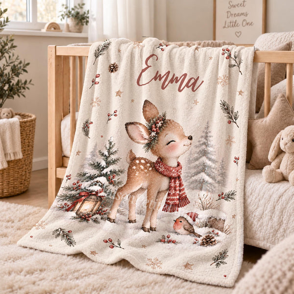 Personalized Christmas deer baby blanket featuring a watercolor fawn in a red knitted scarf, a berry crown, a little robin in a Santa hat, a glowing lantern and snowy pine trees. Customized with your baby's name, this deer blanket makes a beautiful first Christmas keepsake, holiday baby shower gift, newborn present, or winter milestone photo prop.