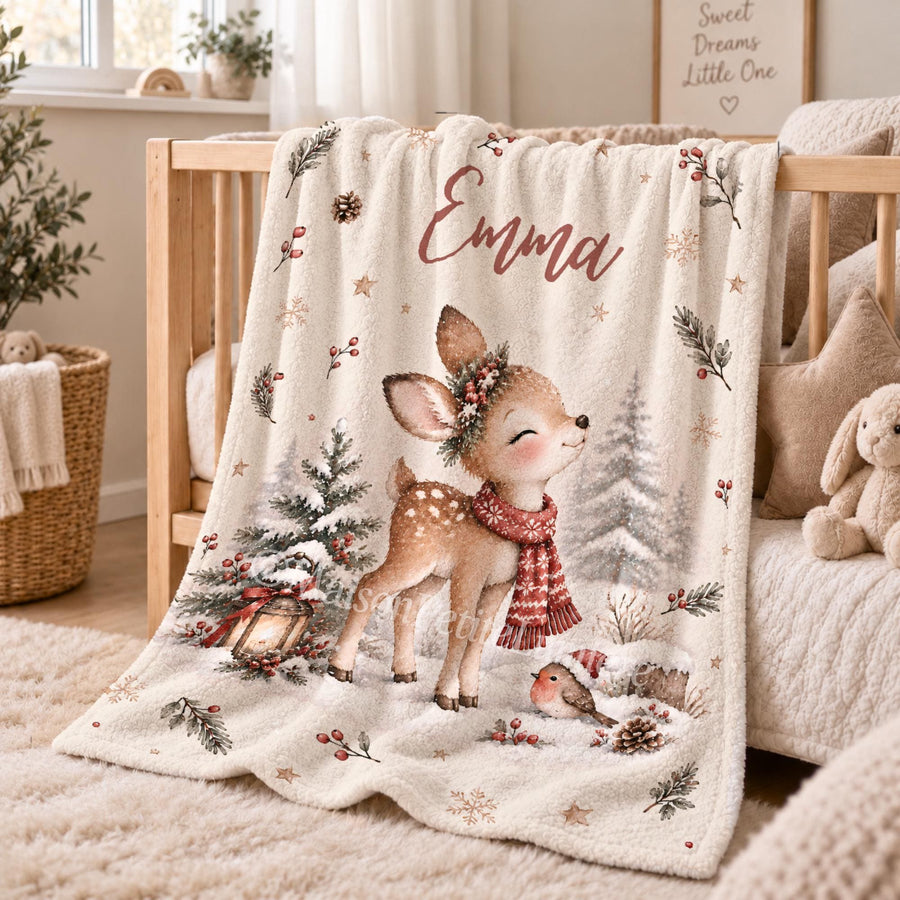 Personalized Christmas deer baby blanket featuring a watercolor fawn in a red knitted scarf, a berry crown, a little robin in a Santa hat, a glowing lantern and snowy pine trees. Customized with your baby's name, this deer blanket makes a beautiful first Christmas keepsake, holiday baby shower gift, newborn present, or winter milestone photo prop.