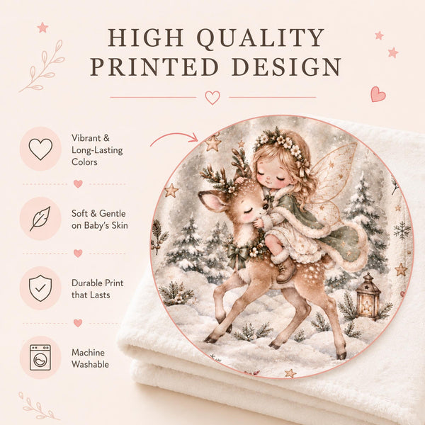 Personalized baby blanket with a fairy in a sage cloak riding a young deer through a snowy forest, with hanging stars.