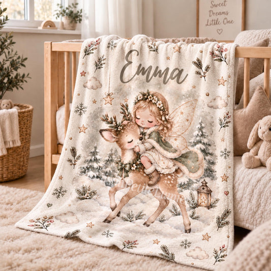 Personalized baby blanket with a fairy in a sage cloak riding a young deer through a snowy forest, with hanging stars.
