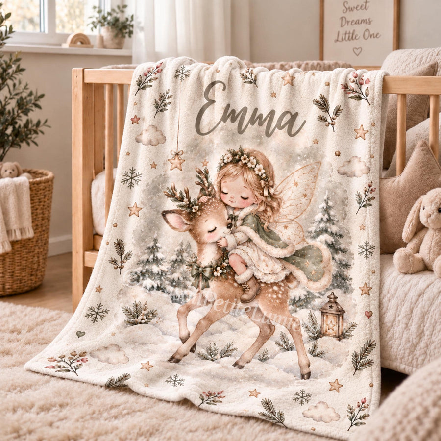 Personalized baby blanket with a fairy in a sage cloak riding a young deer through a snowy forest, with hanging stars.