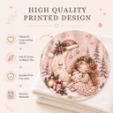 Personalized baby blanket with a girl in a pink dress cuddling a star beside a sleeping crescent moon in a Santa hat.