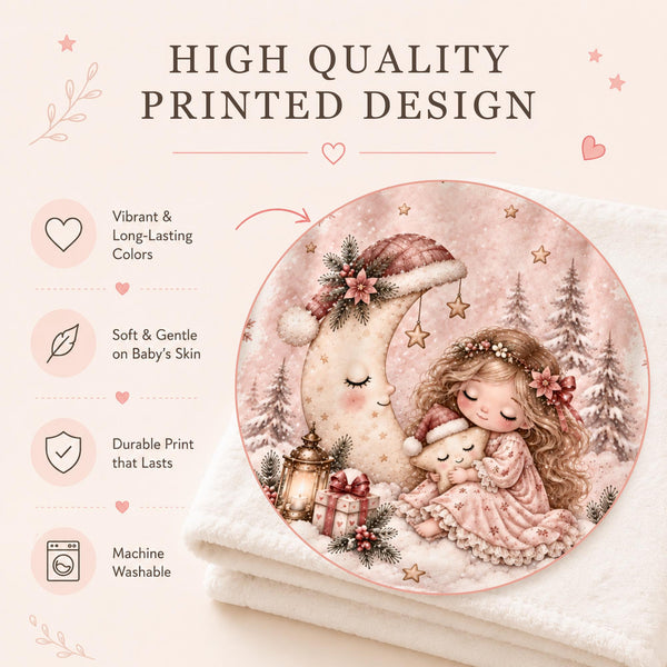 Personalized baby blanket with a girl in a pink dress cuddling a star beside a sleeping crescent moon in a Santa hat.