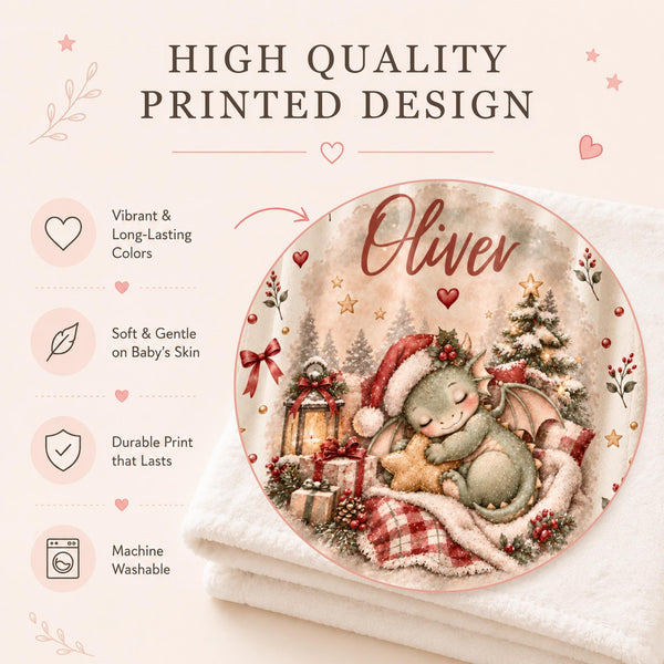 Personalized baby blanket with a sleeping dragon in a Santa hat under a checked quilt, with a lantern, gifts and holly.