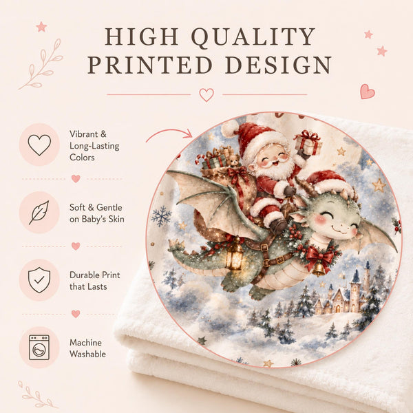 Personalized baby blanket showing Santa riding a green dragon over a snowy castle in a moonlit sky, with a lantern and bell.
