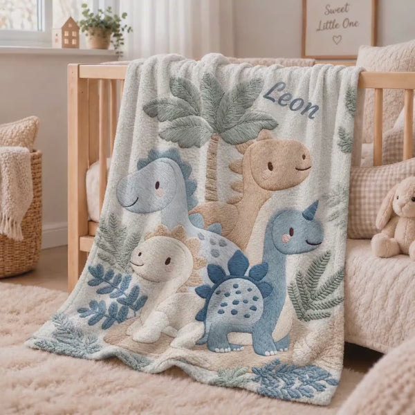 Personalized Dinosaur Baby Blanket with Name • Dino Embroidered Look Baby Blanket • Neutral Nursery Decor • Newborn Gift • Boy Blanket Gift