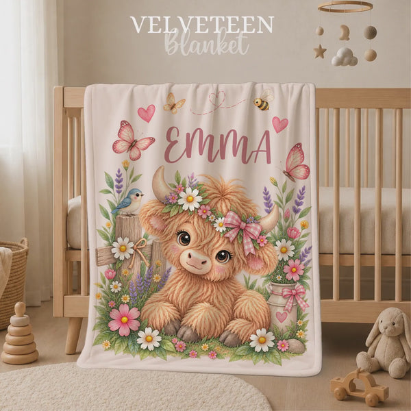 Personalized Highland Cow Baby Blanket, Custom Girl Name, Floral Nursery Decor, Newborn Shower Gift, Cute Farm Animal Keepsake