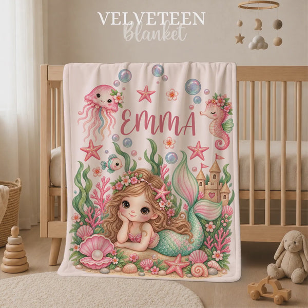 Personalized Mermaid Baby Blanket, Custom Girl Name, Under Sea Nursery Decor, Pink Ocean Newborn Shower Gift, Magical Keepsake