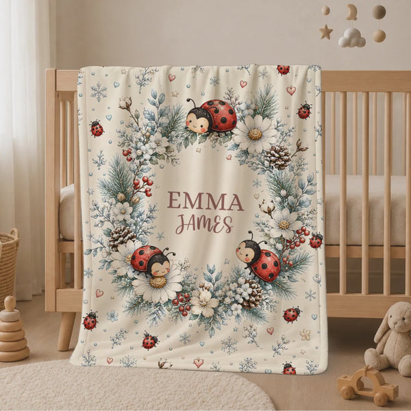 Personalized Ladybug Baby Blanket with Name, Winter Floral Nursery Throw, Snowflake Name Keepsake, Insect Crib Newborn Baby Shower Gift