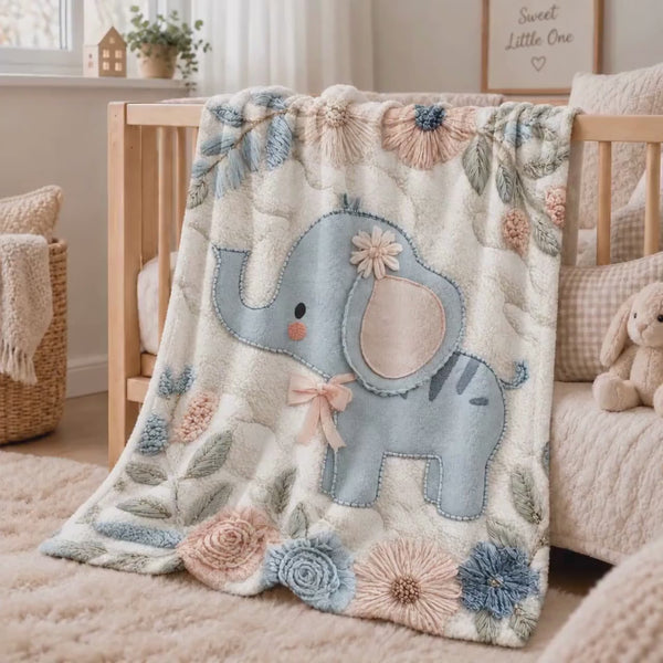Personalized Elephant Baby Blanket with Name, Jungle Embroidered Look Infant Blanket, Floral Nursery Decor, Newborn Gift, Baby Keepsake