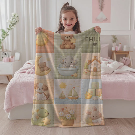 Patchwork Look Baby Blanket • Cute Nursery Animals • Quilt Style Design • Neutral Nursery Decor • Soft Newborn Blanket • Boutique Baby Gift