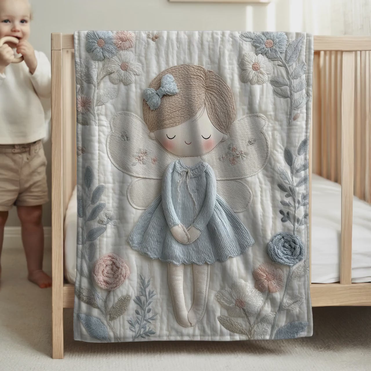 Embroidered Look Angel Baby Blanket • Fairy Nursery Decor • Neutral Baby Blanket • Heirloom Keepsake • Boutique Baby Gift for Babyshower