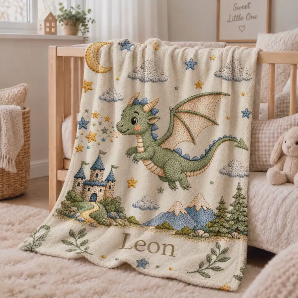Dragon Baby Blanket with Name Personalized, Custom Name Embroidery Fantasy Castle Newborn Swaddle, Magical Nursery Gift, Cotton Baby Shower