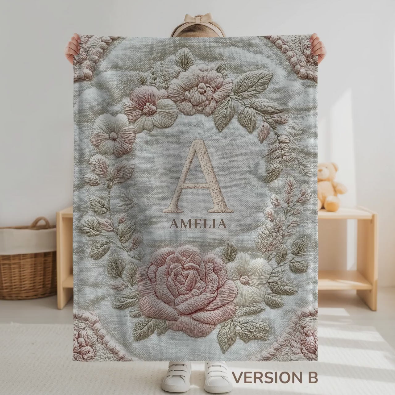 Personalized Floral Monogram Baby Blanket • Embroidered Look Initial & Name • Vintage Botanical Nursery Blanket • Soft Neutral Baby