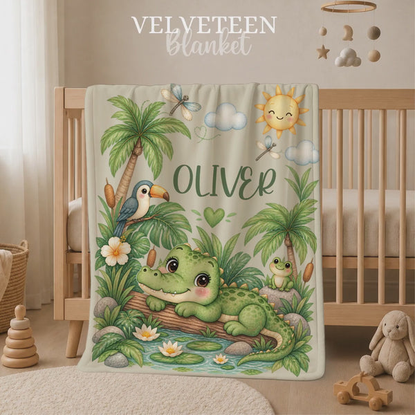 Personalized Crocodile Baby Blanket, Custom Boy Name, Jungle Nursery Decor, Tropical Animal Newborn Shower Gift, Cute Alligator Keepsake