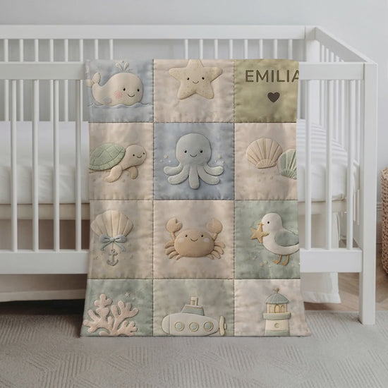 Patchwork Look Baby Blanket with Name • Crab Whale Octopus • Underwater Theme • Quilt Look • Nursery • Newborn Blanket • Baby Gift