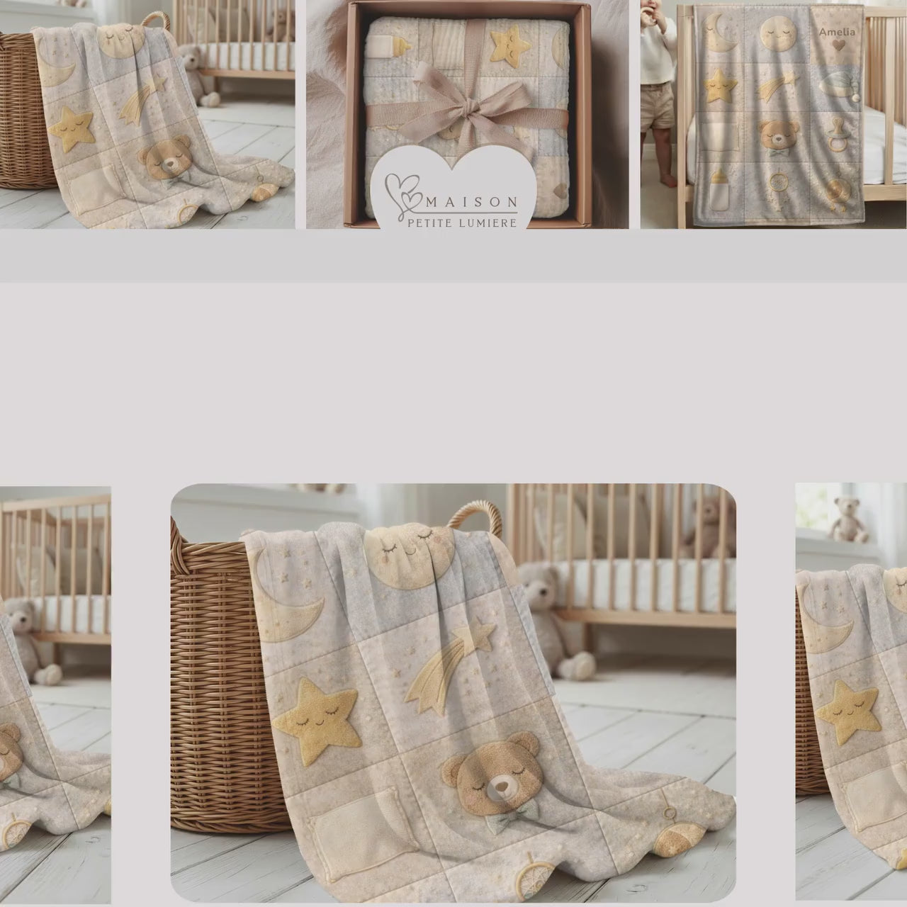 Personalized Patchwork Look Baby Blanket with Name • Boho Good Night Sleep Quilt • Moon Stars Nursery Blanket • Neutral Newborn Gift