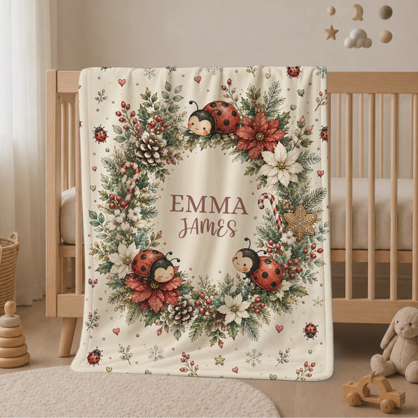 Ladybug Baby Blanket for Christmas Personalized Girl Name, Christmas Nursery Throw, Holiday Floral Name Keepsake, Insect Crib Newborn Baby