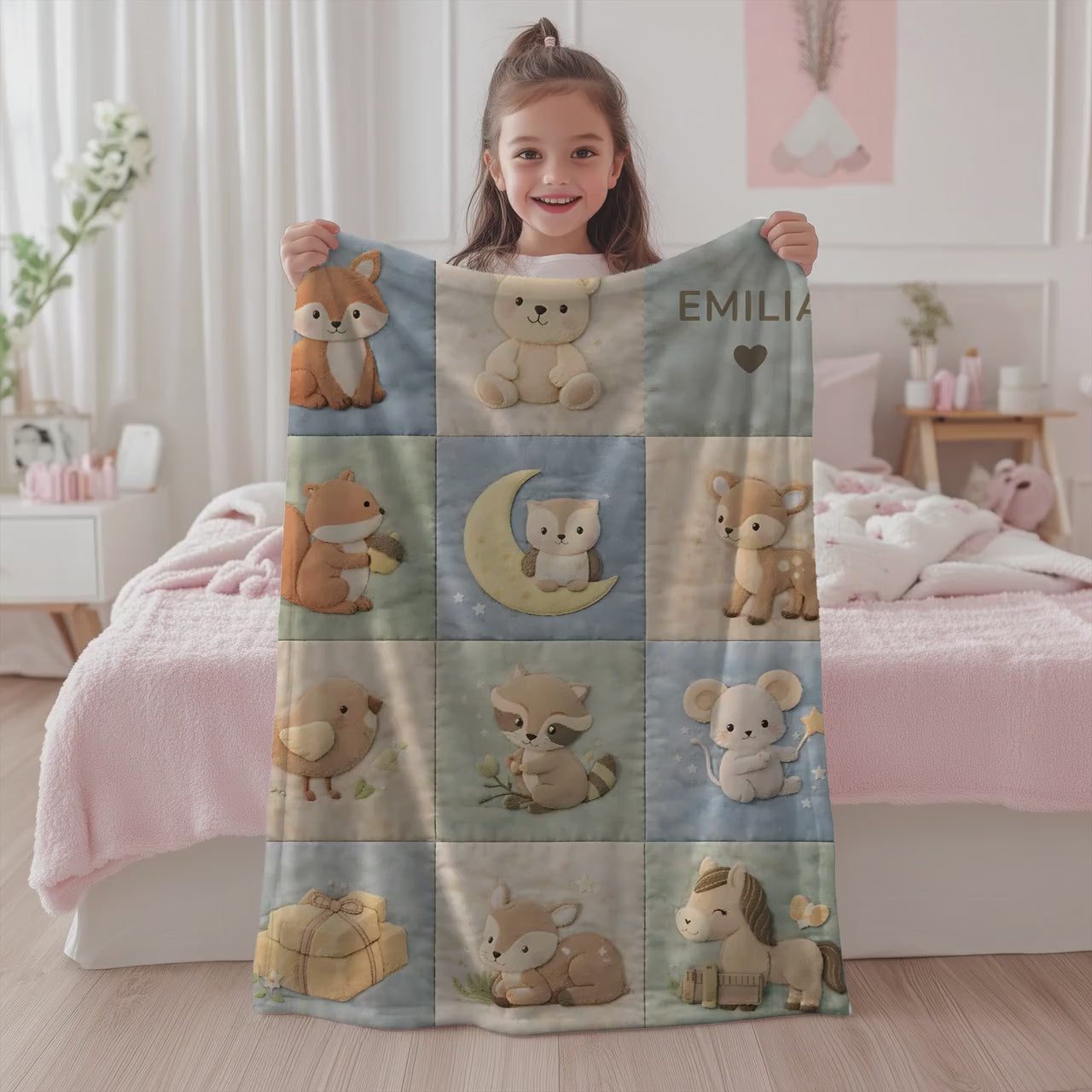 Patchwork Look Baby Blanket with Name • Woodland Animals • Fox Deer Bear Raccoon • Quilt Look • Nursery Decor • Newborn Blanket • Baby Gift