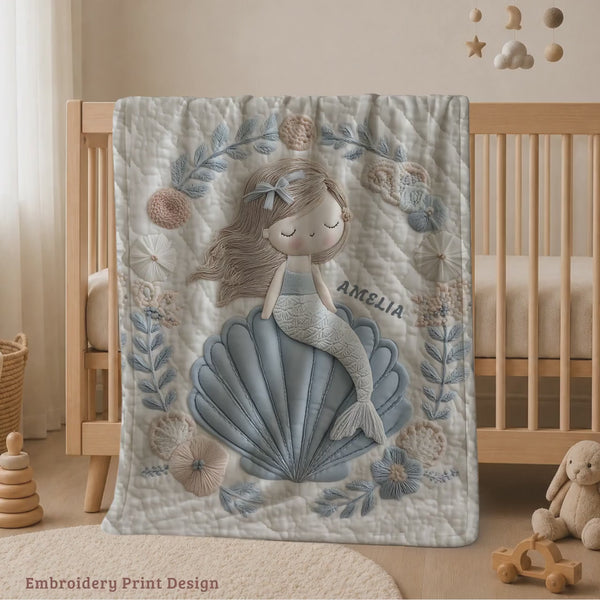 Personalized Mermaid Baby Blanket with Name – Sealive Embroidery Look Infant Blanket, Girls Nursery Newborn Baby Shower Baptism Underthesea