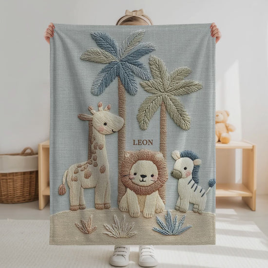 Safari Baby Blanket with Name Personalised • Animal Embroidered Look Baby Blanket • Neutral Nursery Decor • Newborn Gift