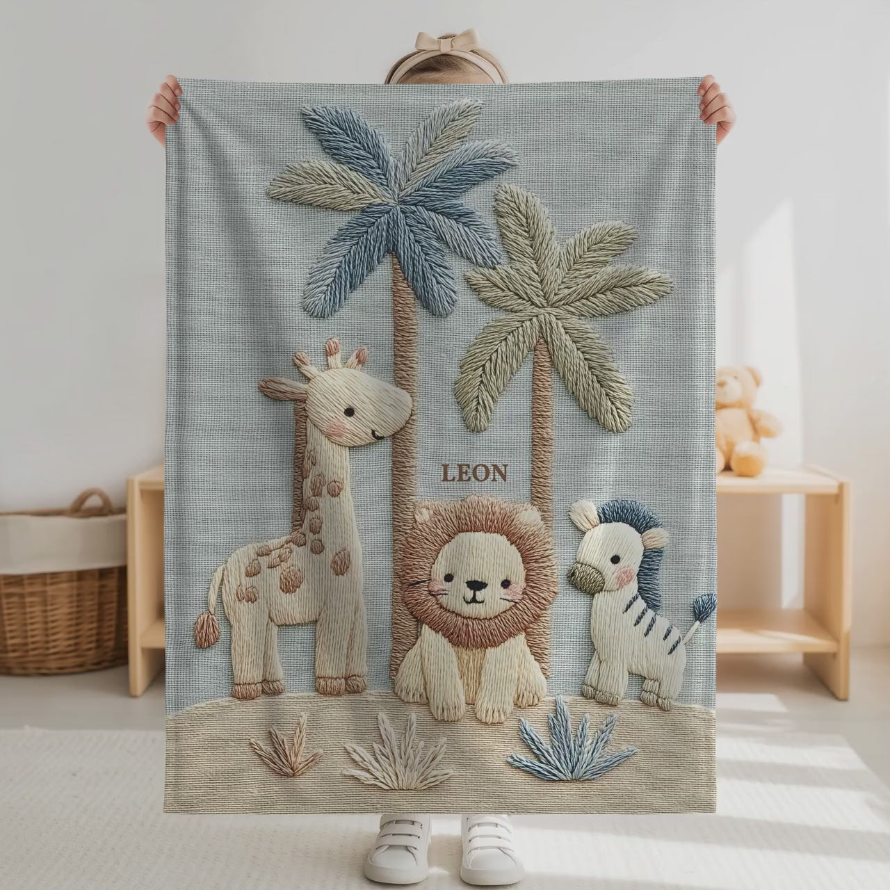 Safari Baby Blanket with Name Personalised • Animal Embroidered Look Baby Blanket • Neutral Nursery Decor • Newborn Gift