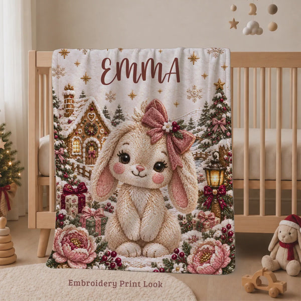 Bunny Baby Blanket with Name Personalized, Girl First Christmas Gift for Kids, Woodland Winter Nursery Embroidery Look Print