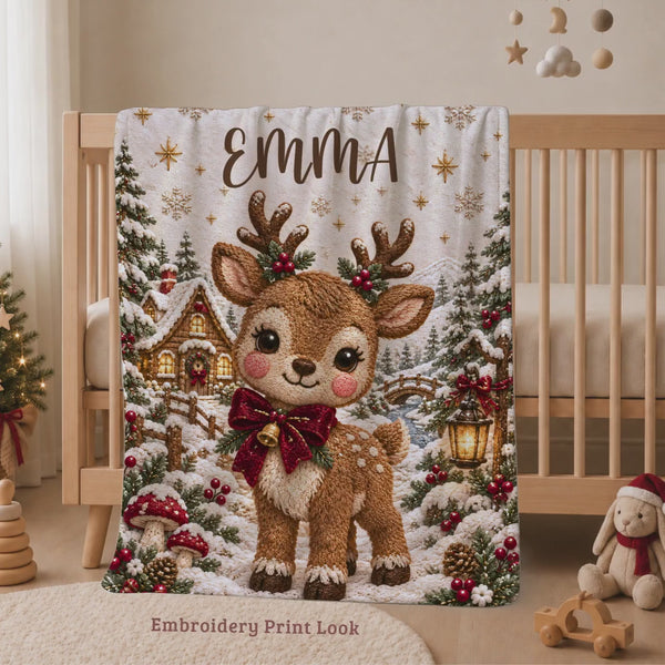 Personalized Christmas Baby Blanket Reindeer with Name for Kids, First Holiday Gift, Woodland Nursery Embroidery Look Print