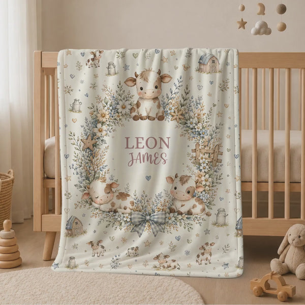 Personalized Watercolor Cow Baby Blanket, Farm Nursery Throw, Blue Daisy Name Keepsake