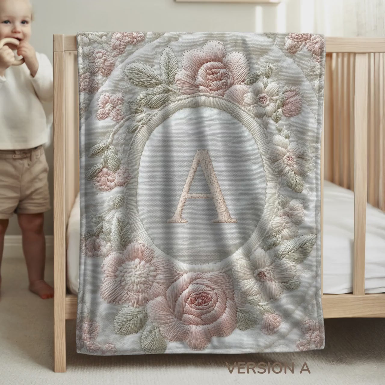 Personalized Baby Blanket Gift • Floral Monogram Embroidered Look • Initial & Name • Neutral Vintage Baby Blanket • Birth Christening Gift