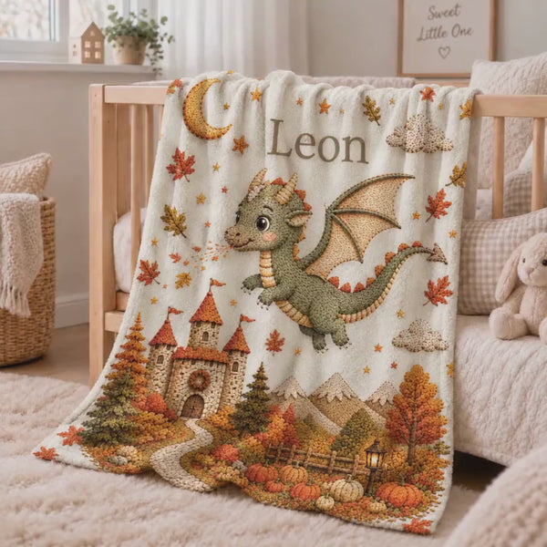 Autumn Baby Blanket Dragon for Boys, Personalized Name, Embroidery Fantasy Castle Nursery, Fall Newborn Gift, Woodland Baby Shower Keepsake