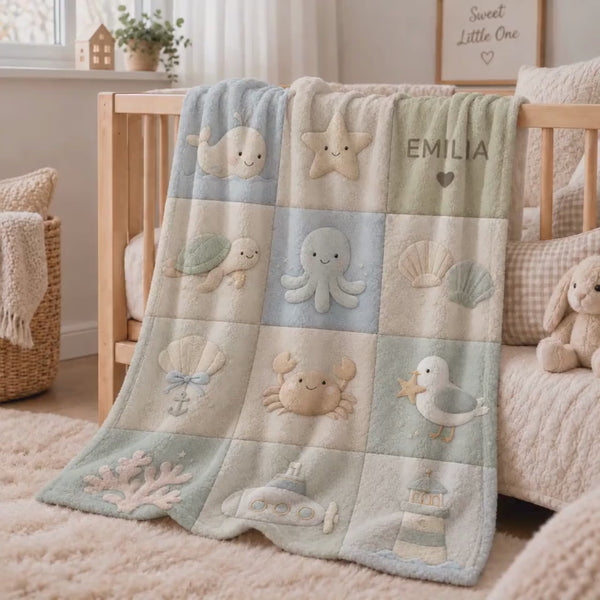Personalized Ocean Baby Blanket with Name, Under The Sea Patchwork Quilt Look Nursery Infant Blanket, Custom Baby Shower Gift