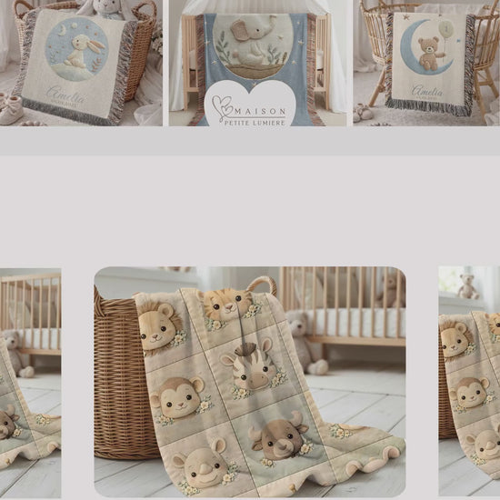 Personalized Safari Baby Quilt Blanket • Soft Velveteen Nursery Blanket • Cute Safari Animals Patchwork Look • Custom Newborn