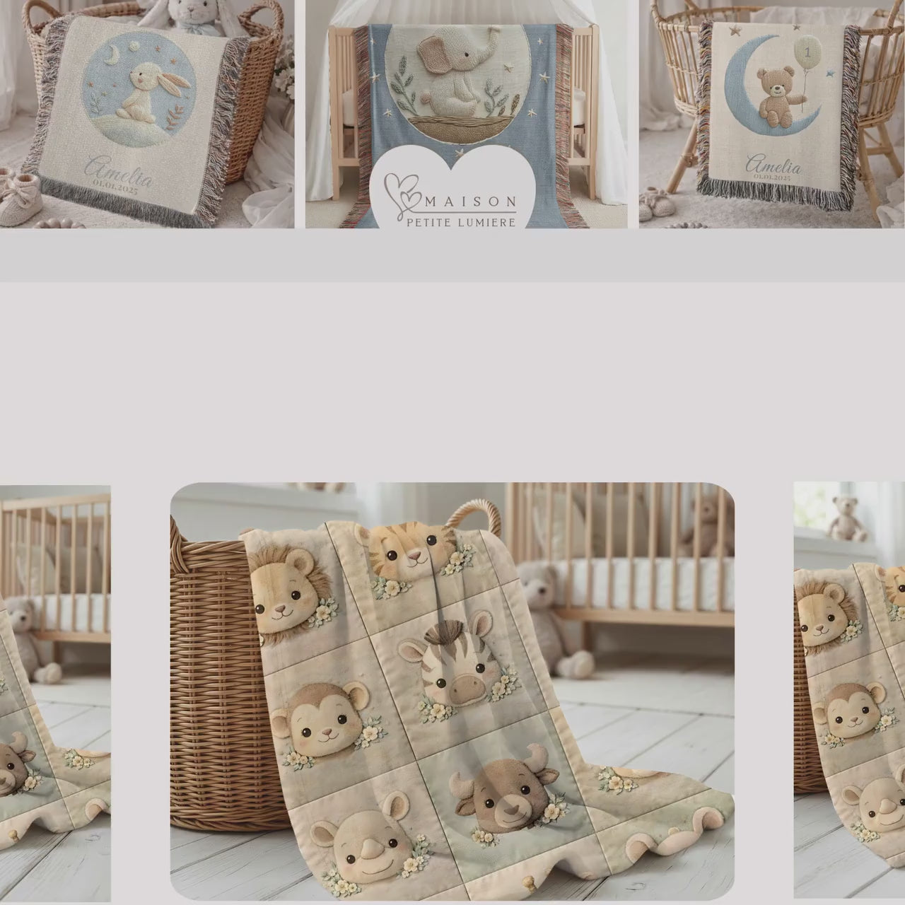 Personalized Safari Baby Quilt Blanket • Soft Velveteen Nursery Blanket • Cute Safari Animals Patchwork Look • Custom Newborn