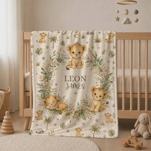 Personalized Lion Baby Blanket, Safari Nursery Name Blanket, Jungle Animal Keepsake, Watercolor Newborn Coverlet Gift