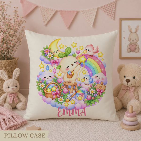 Personalized Kawaii Pillow Cover with Name, Japanese Kawaii Nursery Decor, Rainbow Kids Pillow, Cute Momo Baby Girl Gift