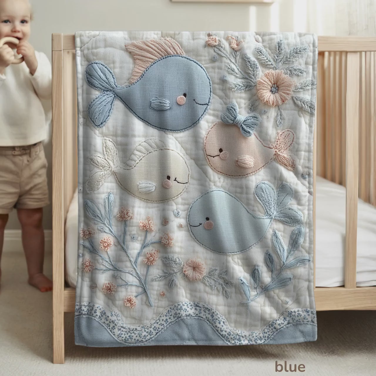 Ocean Embroidered Look Baby Blanket • Fish Floral Ocean Theme • Neutral Nursery Decor • Soft Newborn Blanket • Boutique Baby Gift