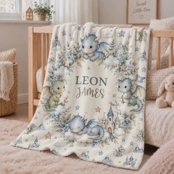 Personalized Dragon Baby Blanket, Custom Boy Name, Fantasy Nursery Decor, Cute Newborn Shower Gift, Magical Castle Keepsake