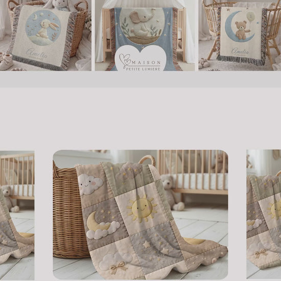 Personalized Patchwork Baby Blanket with Name • Sun Moon Stars Quilt Look Baby Blanket • Neutral Nursery Decor • Newborn Gift